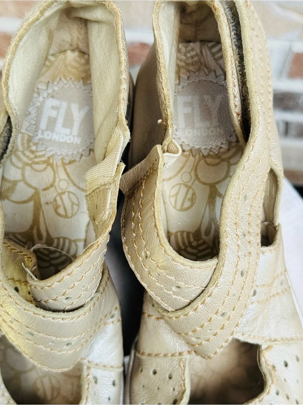 Fly London Gold-Beige Leather Wedge Sandals